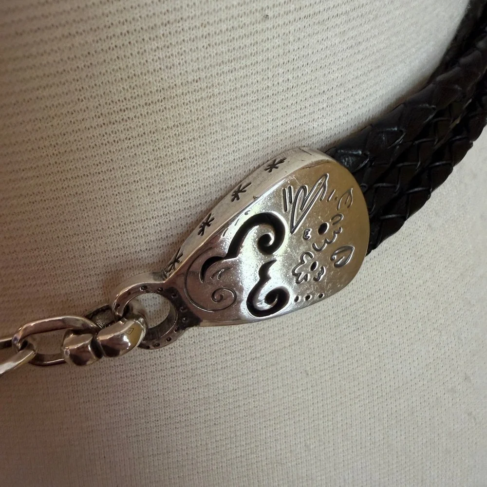 Brighton Braided Leather Silver Tone Chain Belt Size Medium Heart Medallion
